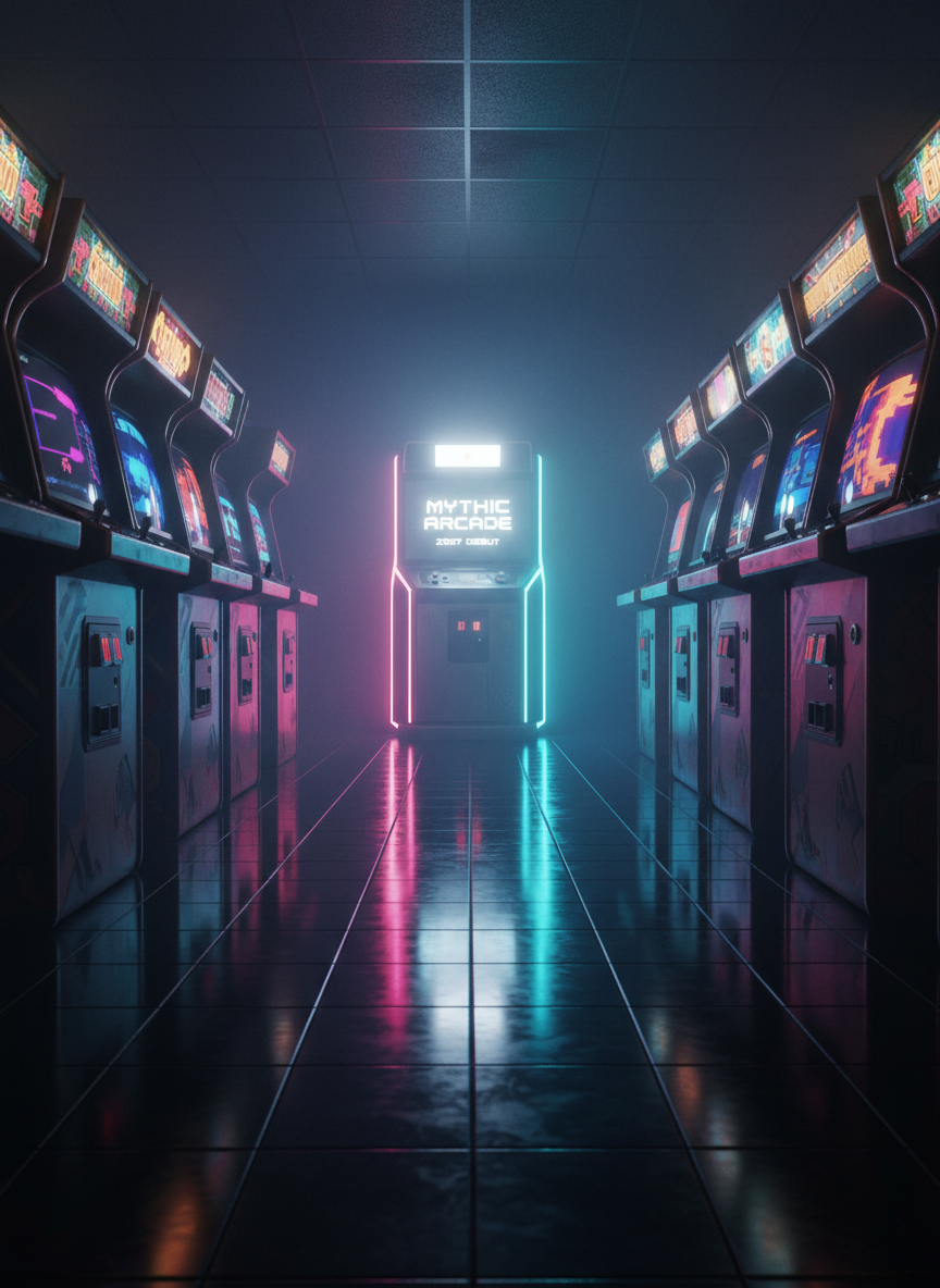 A moody, dimly lit arcade corridor of retro game cabinets receding into neon haze